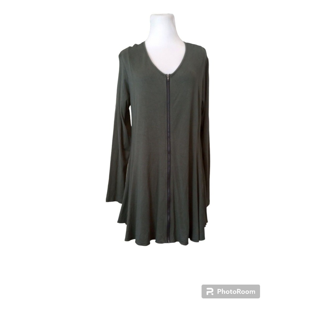 Comfy USA Olive Green jersey tunic top artsy Full zipper Modal swing M A Line